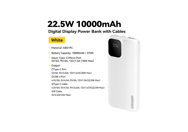 ESSAGER 22.5W Power Bank with Digital Display – White, 1 Year Warranty, YT02 | EDY1W-YT02-Z