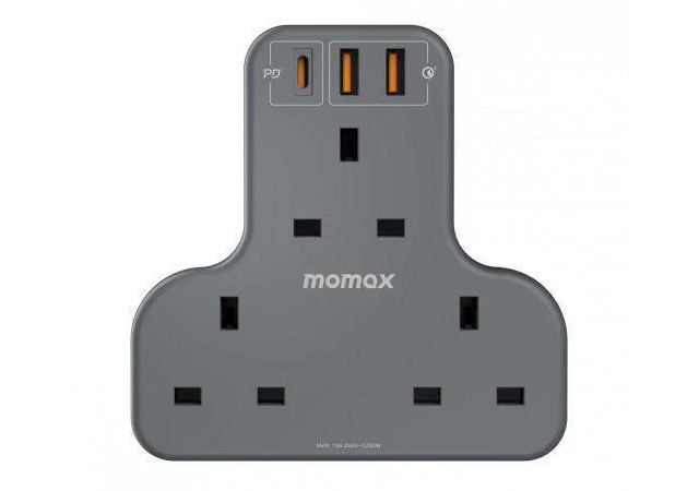 MOMAX One Plug 1 Outlet T Shaped Exstantion Socket With USB Grey -1 Year Warranty