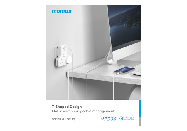 MOMAX One Plug 1 Outlet T Shaped Exstantion Socket With USB Grey -1 Year Warranty - Image 4