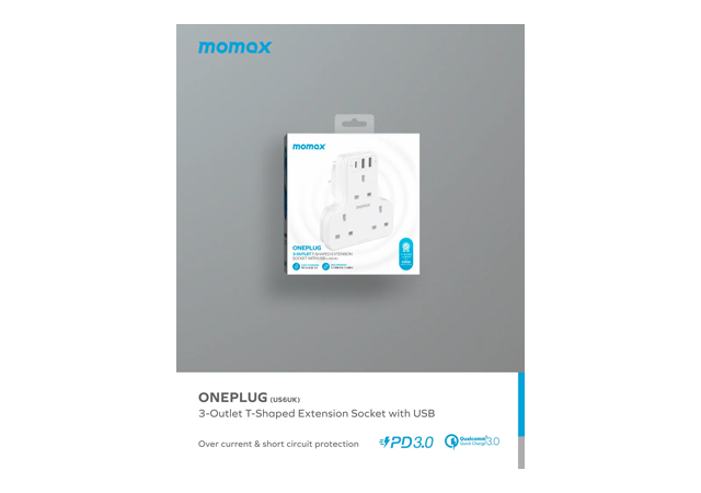 MOMAX One Plug 1 Outlet T Shaped Exstantion Socket With USB Grey -1 Year Warranty - Image 5